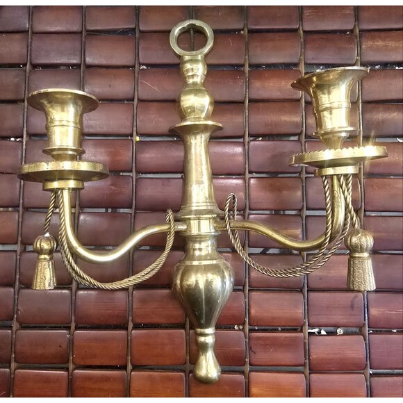 Pair of Brass 2 Candle Sconce Candleholder Set Ornate w/ Tassels 12"x9.5"x4" - Picture 2 of 4
